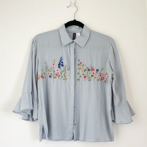 Soft Floral Embroidered Button Up Blouse w/ Collar